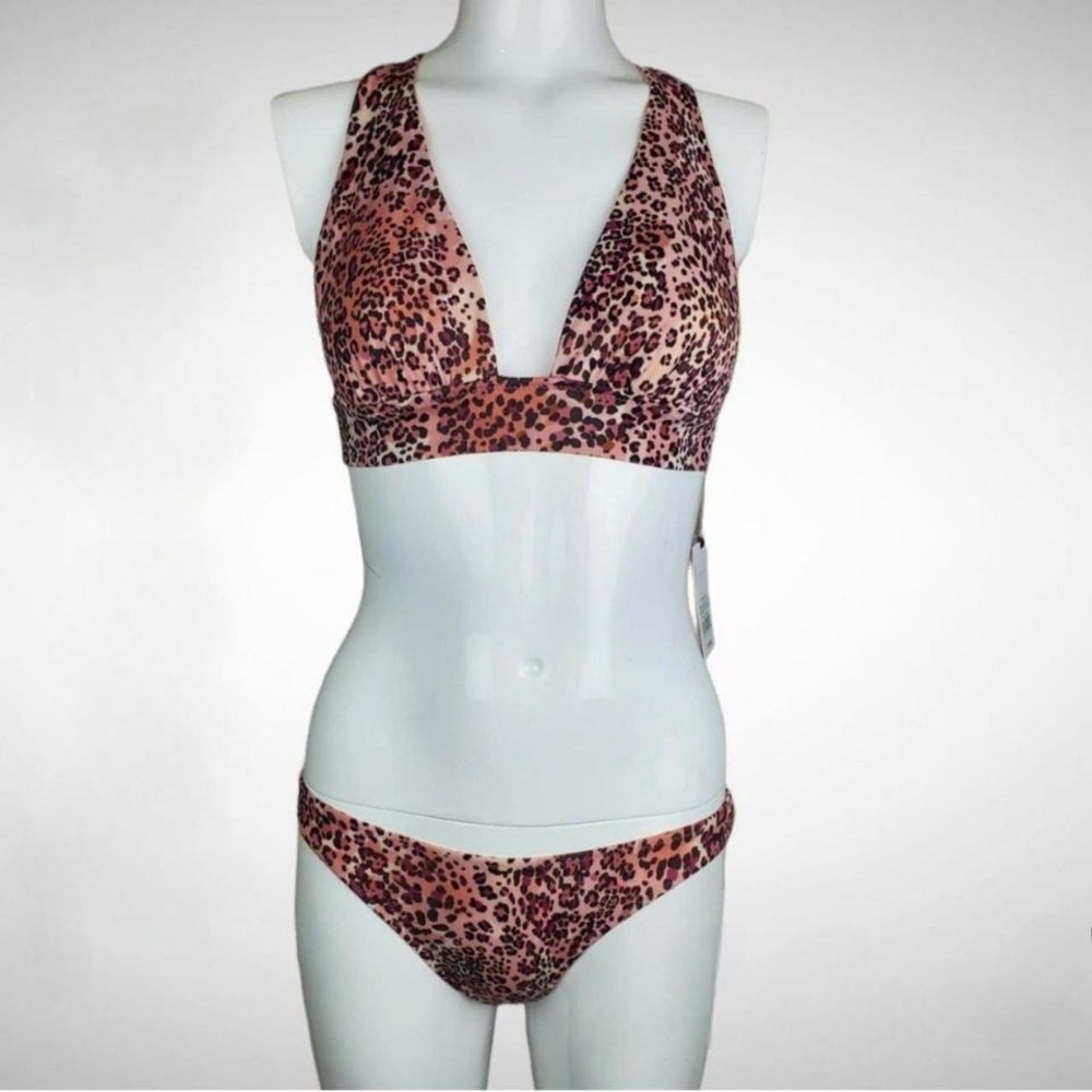 Shade & Shore Pink Leopard Print Bikini Set XS Halter Cross Back‎ Swimsuit NEW